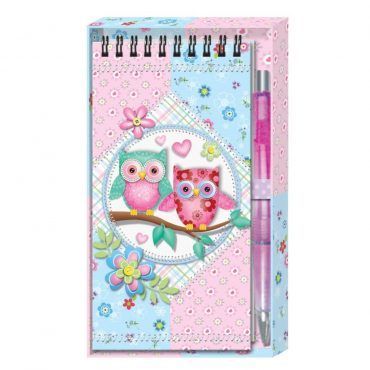 libreta con bolígrafo búhos