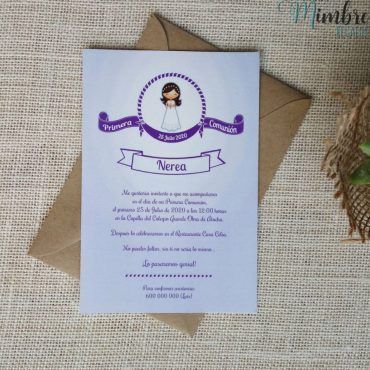 invitación comunión personalizable malva con sobre frkat