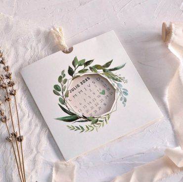 39803, invitación, boda, cardnovel, guirnalda, hojas, verdes, con, calendario
