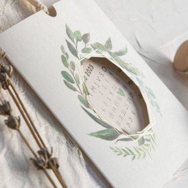 39803, invitación, boda, cardnovel, guirnalda, hojas, verdes, con, calendario