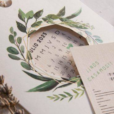 39803, invitación, boda, cardnovel, guirnalda, hojas, verdes, con, calendario