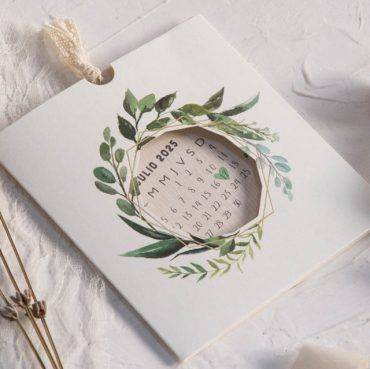 39803, invitación, boda, cardnovel, guirnalda, hojas, verdes, con, calendario