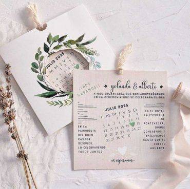 39803, invitación, boda, cardnovel, guirnalda, hojas, verdes, con, calendario