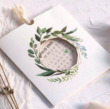 39803, invitación, boda, cardnovel, guirnalda, hojas, verdes, con, calendario