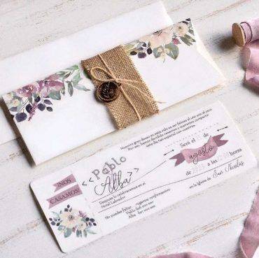 39805, invitación, boda, cardnovel, flores, estilo, sobre, tela, de, saco, cuerda