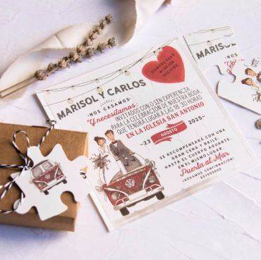 39808, invitación, boda, cardnovel, caja, puzle, furgoneta, novios