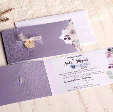 39809, invitación, boda, con, flores, con, lazo, broche, pájaros