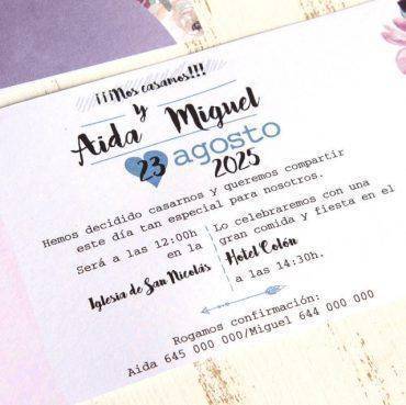 39809, invitación, boda, con, flores, con, lazo, broche, pájaros