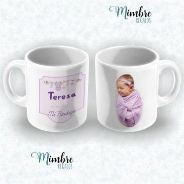 taza blanca de bautizo con foto de bebé
